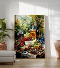 Still Life Wine & Cheese Poster. Watercolor painting of a gourmet spread with wine, cheese, grapes, figs, and bread on a table. - Image 3