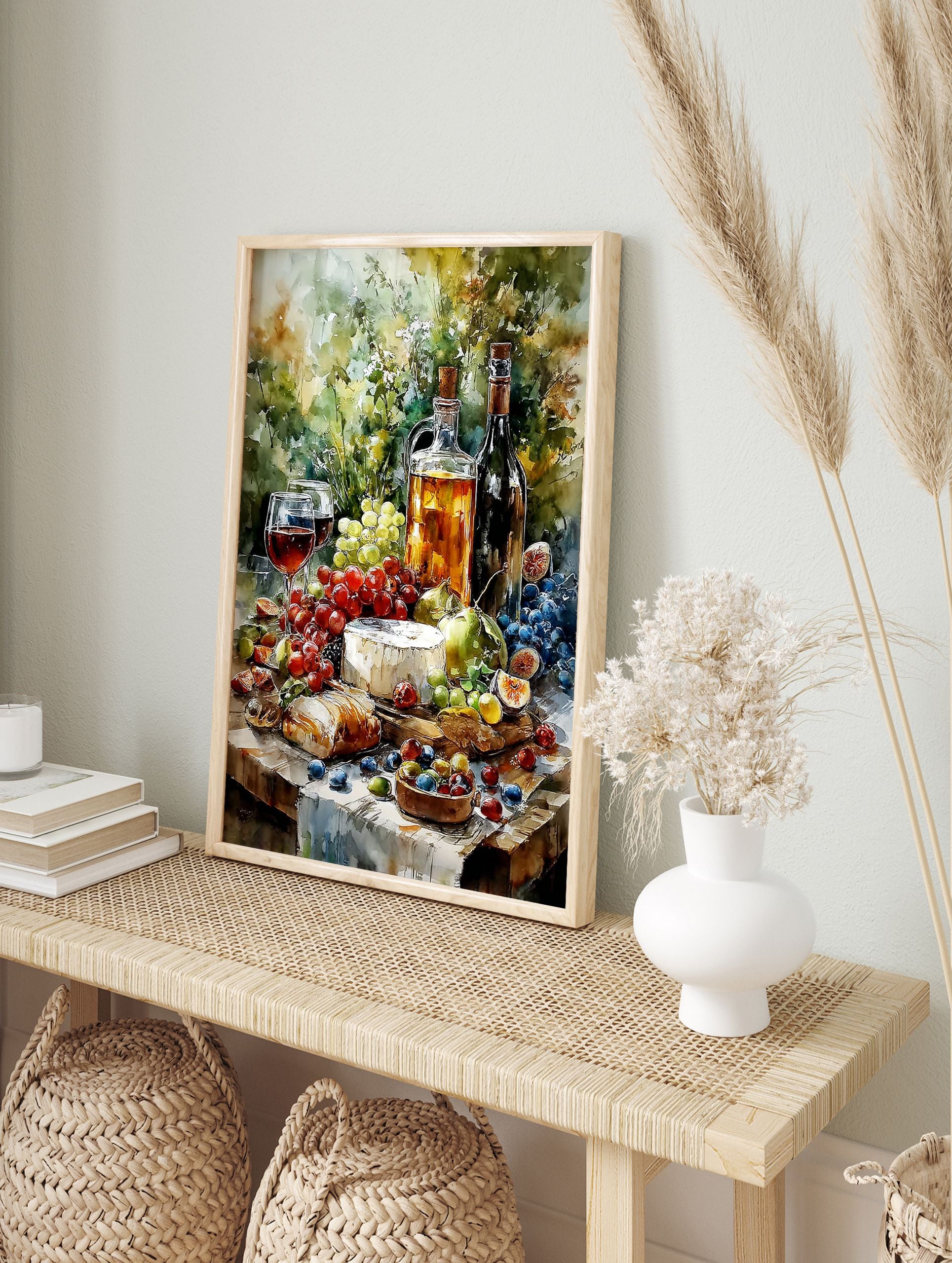 Still Life Wine & Cheese Poster. Watercolor painting of a gourmet spread with wine, cheese, grapes, figs, and bread on a table. - Image 4