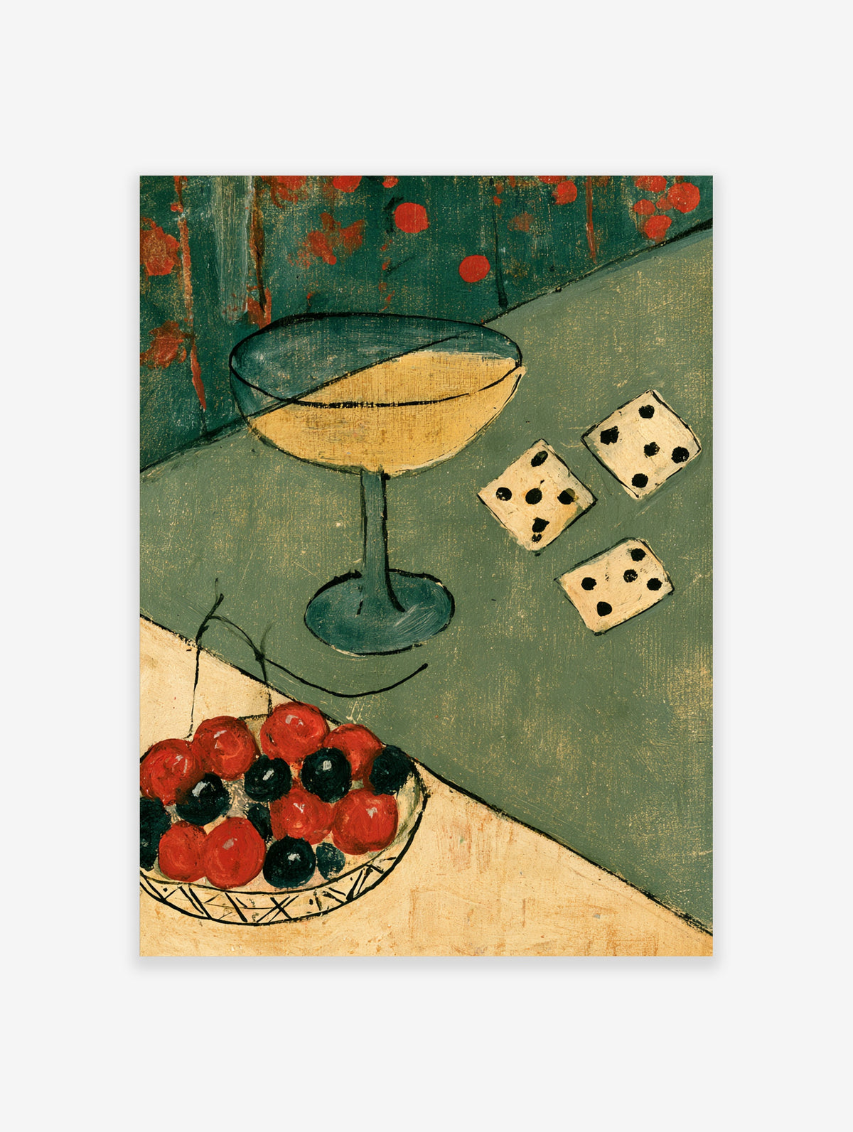 Still life poster of a green wine glass, dice, and cherries on a green table