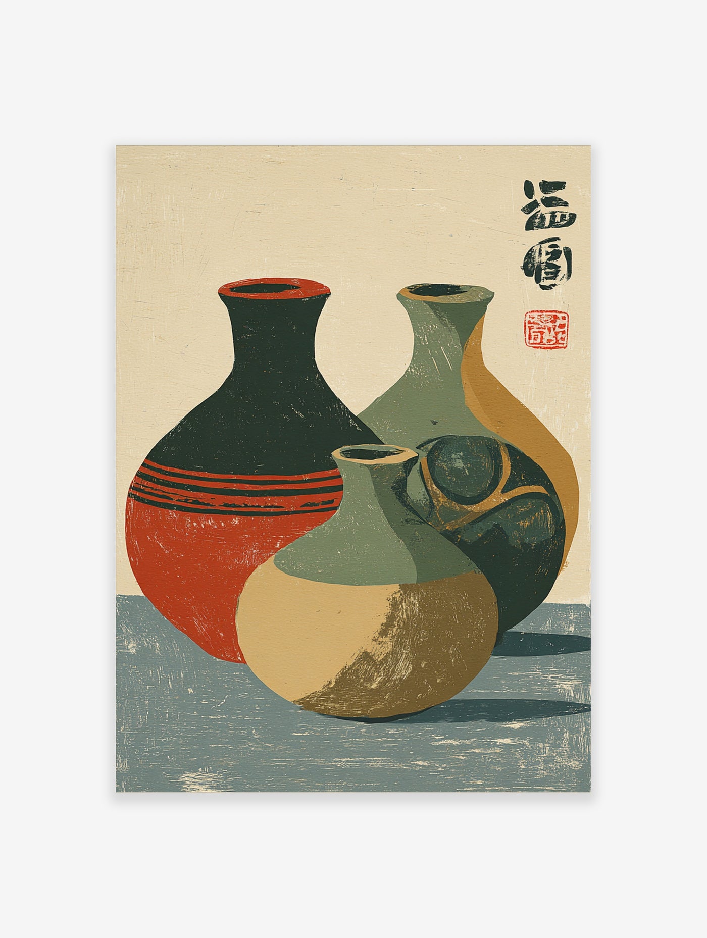 Still life of three vases in red, green, beige with kanji and red seal, Japanese style art print