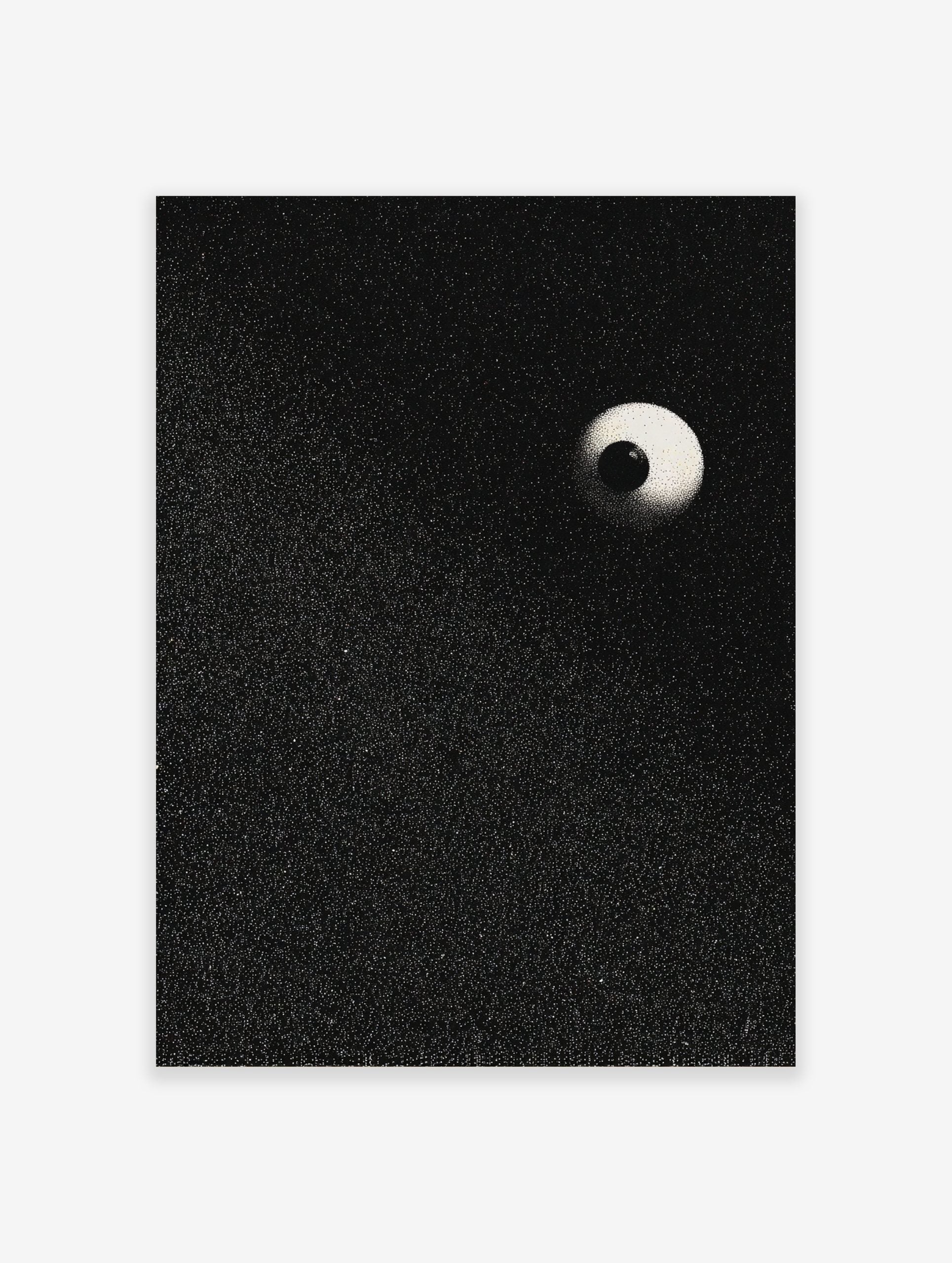 Stippled eyeball art print with a black pupil and light sclera on a speckled black background, portrait orientation