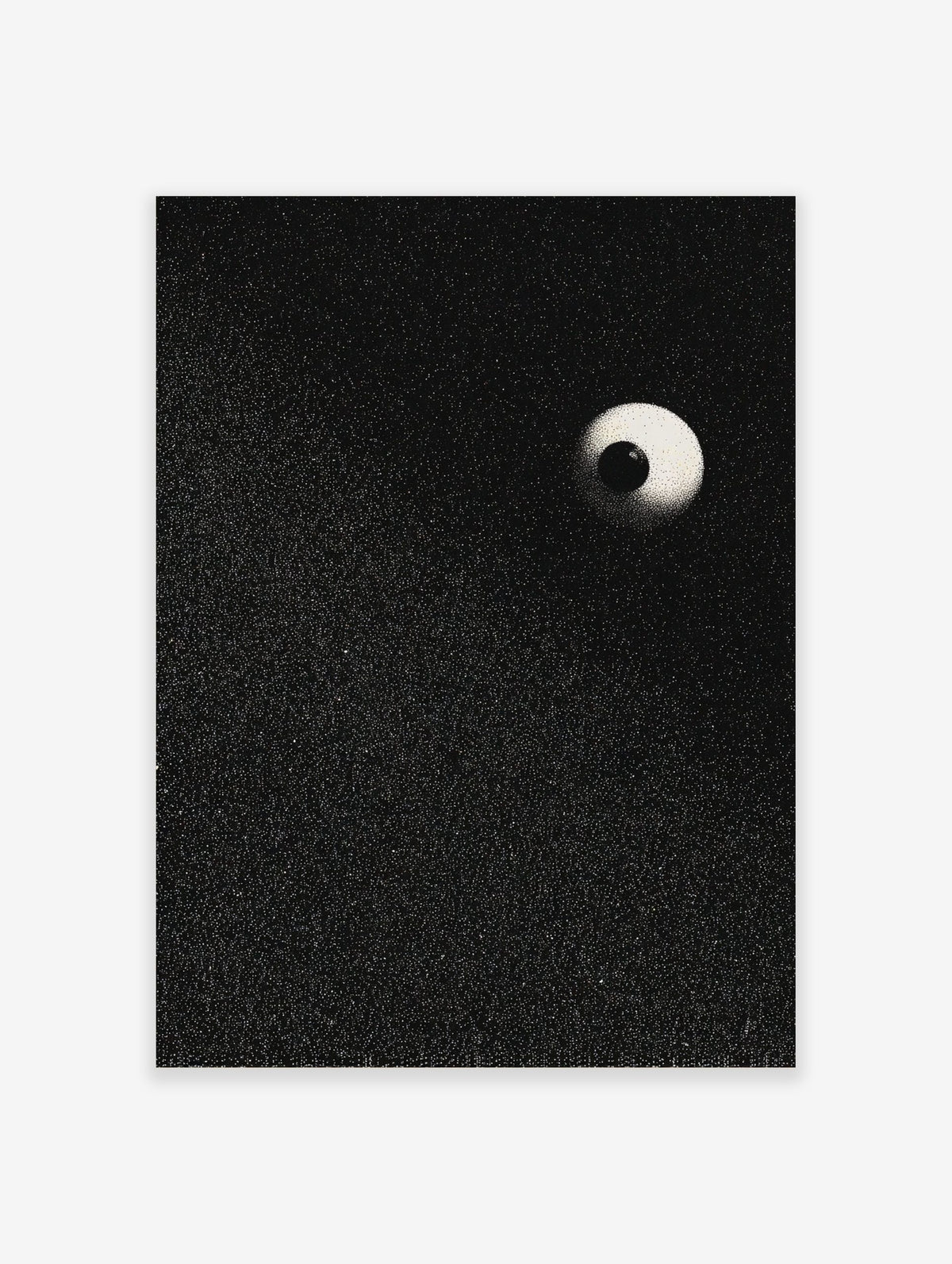 Stippled eyeball art print with a black pupil and light sclera on a speckled black background, portrait orientation