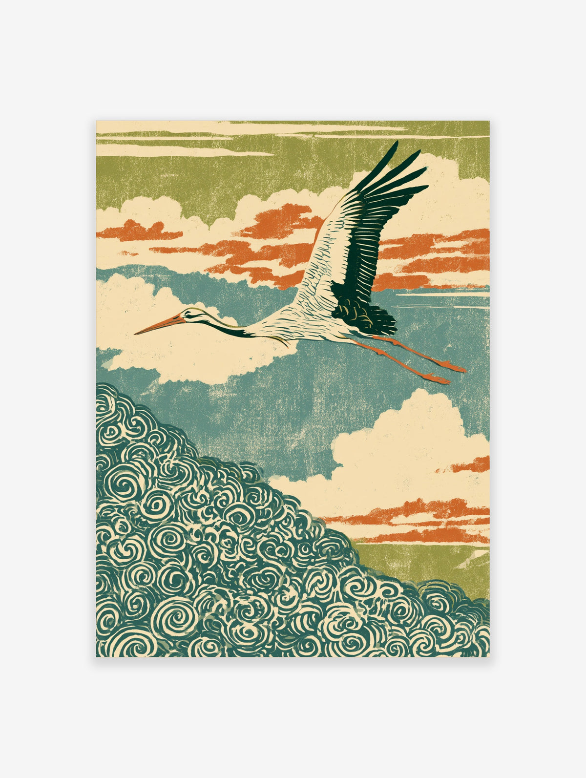 Stork in flight above swirling green cloud waves, Japanese woodblock-style poster with orange sky