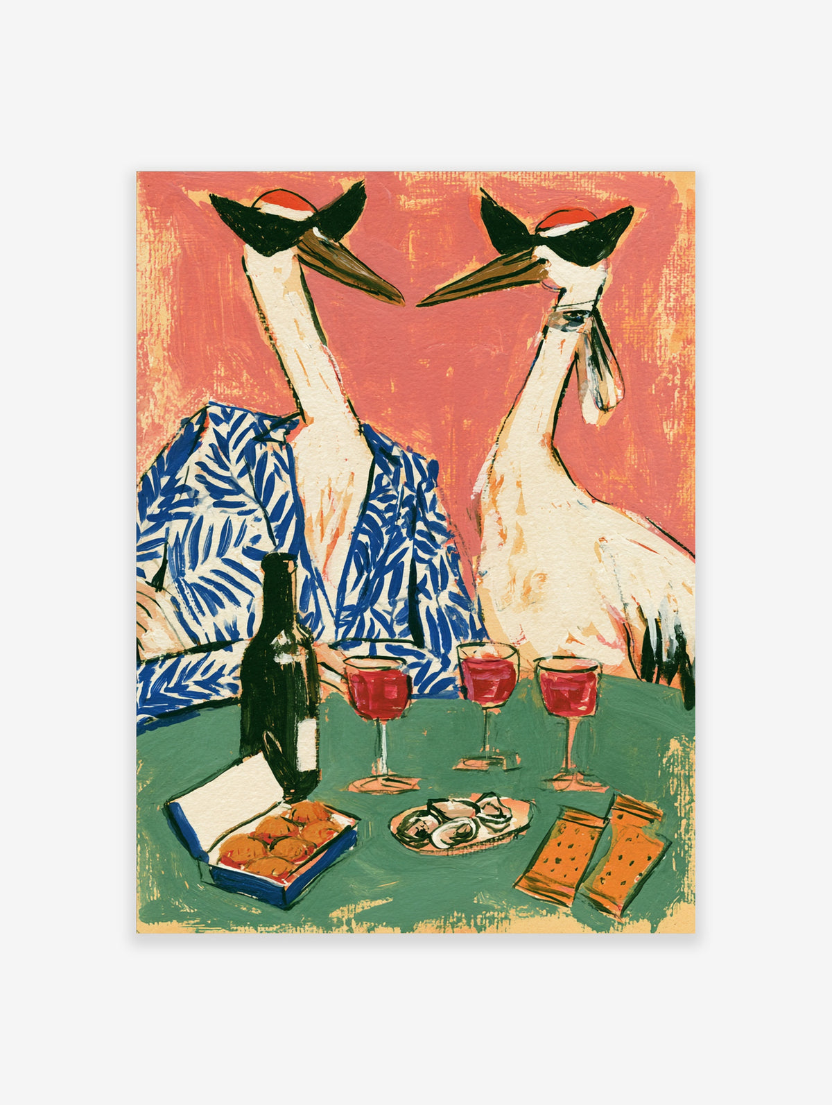 Two storks in sunglasses and a blue leaf shirt share wine and snacks on a green table against a pink background