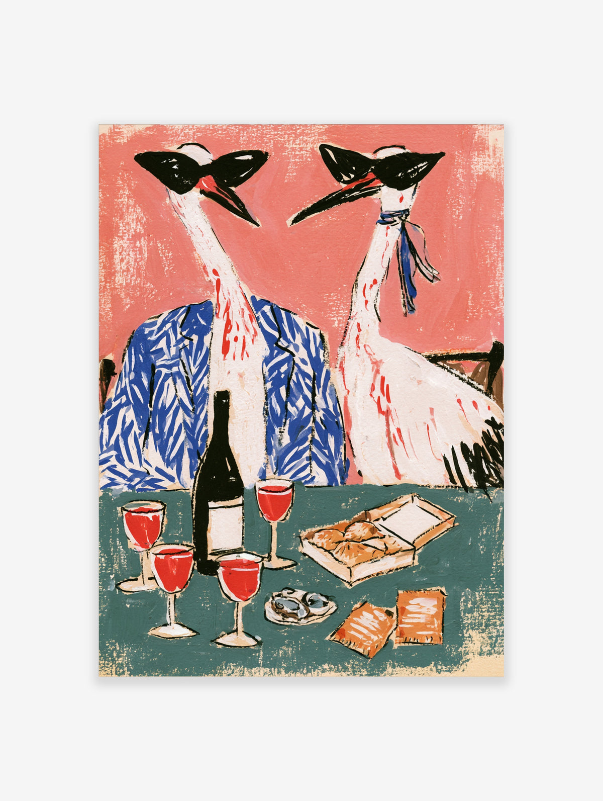 Two storks in blue jacket and ribbon with red wine and oysters on teal table, pink background