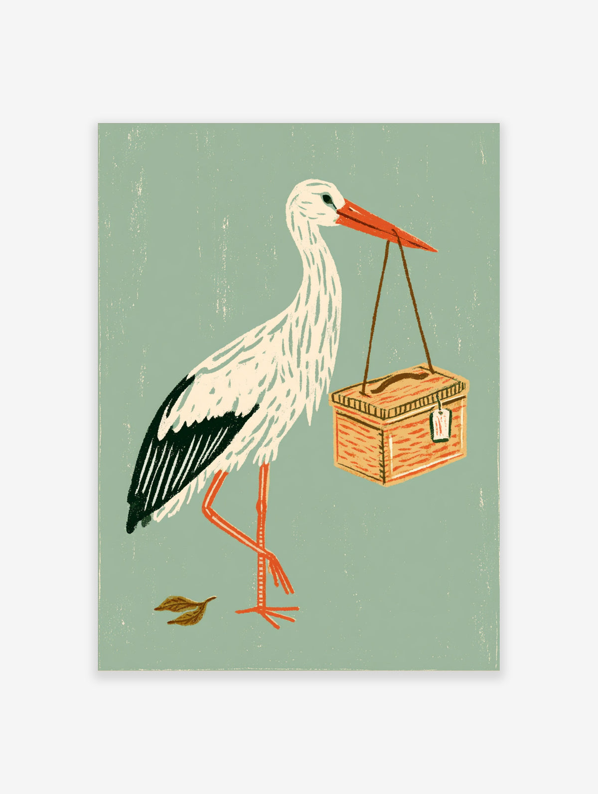 Illustrated stork carrying a wooden delivery box by its beak on a muted green background