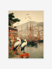 Japanese woodblock style print of white storks overlooking a harbour with ships and a mountain village