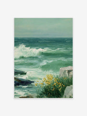 Painting of stormy green sea with a large white wave crashing on rocks and yellow flowers