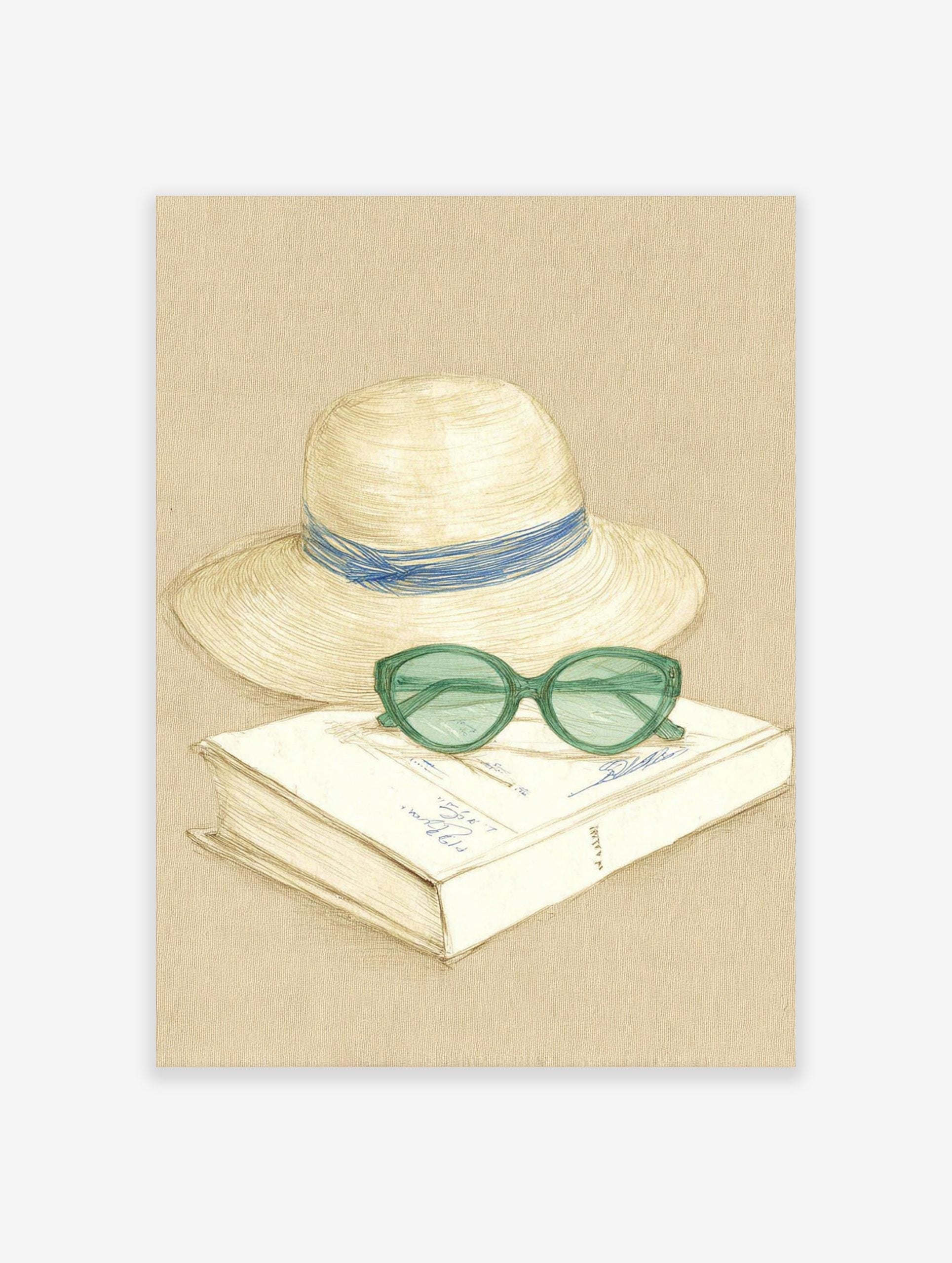 Sketch illustration of a straw hat with blue ribbon, green sunglasses, and a book on a beige background
