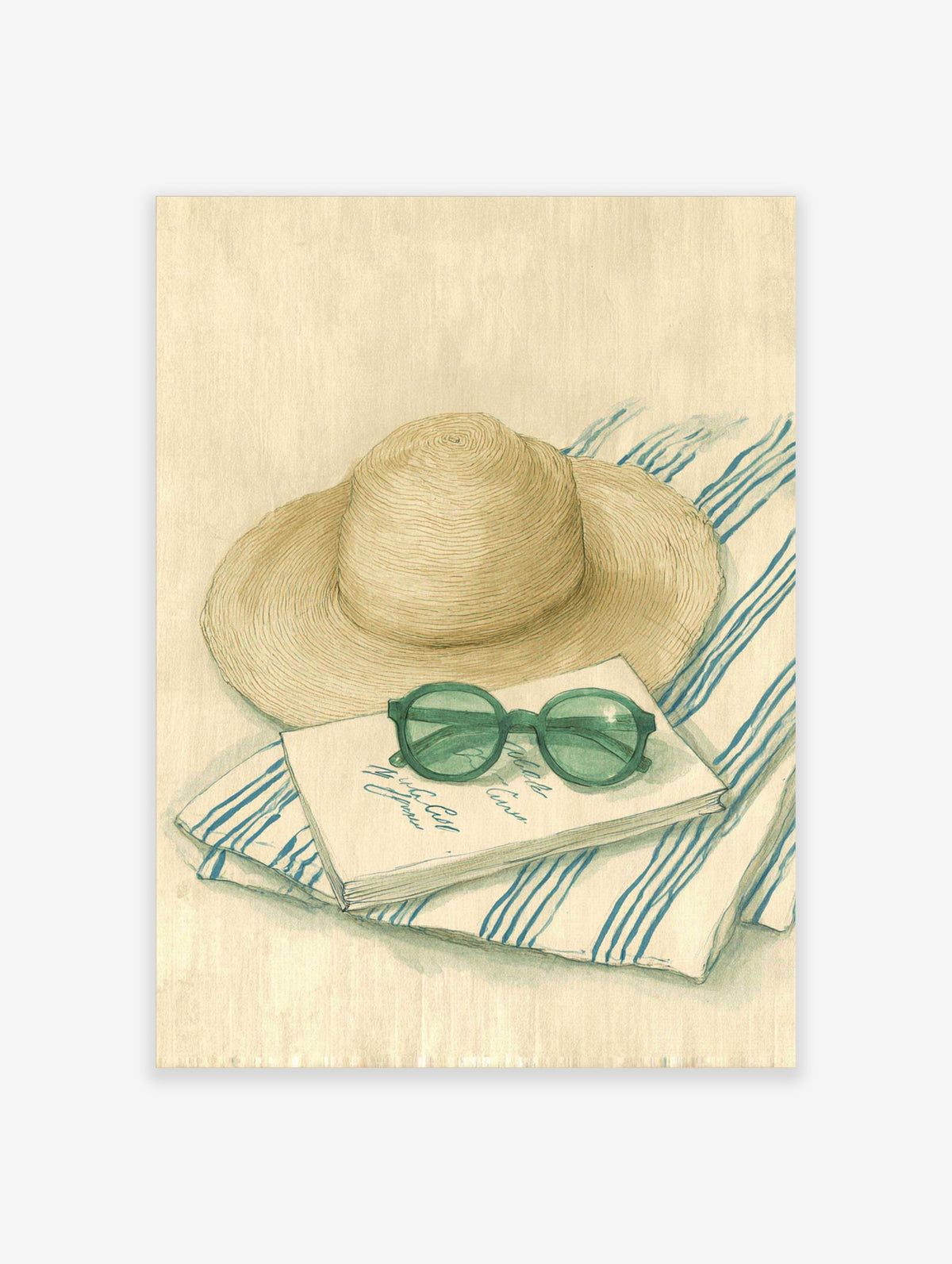 Illustrative print of a straw hat, round green sunglasses, and a notebook on a blue and white striped towel