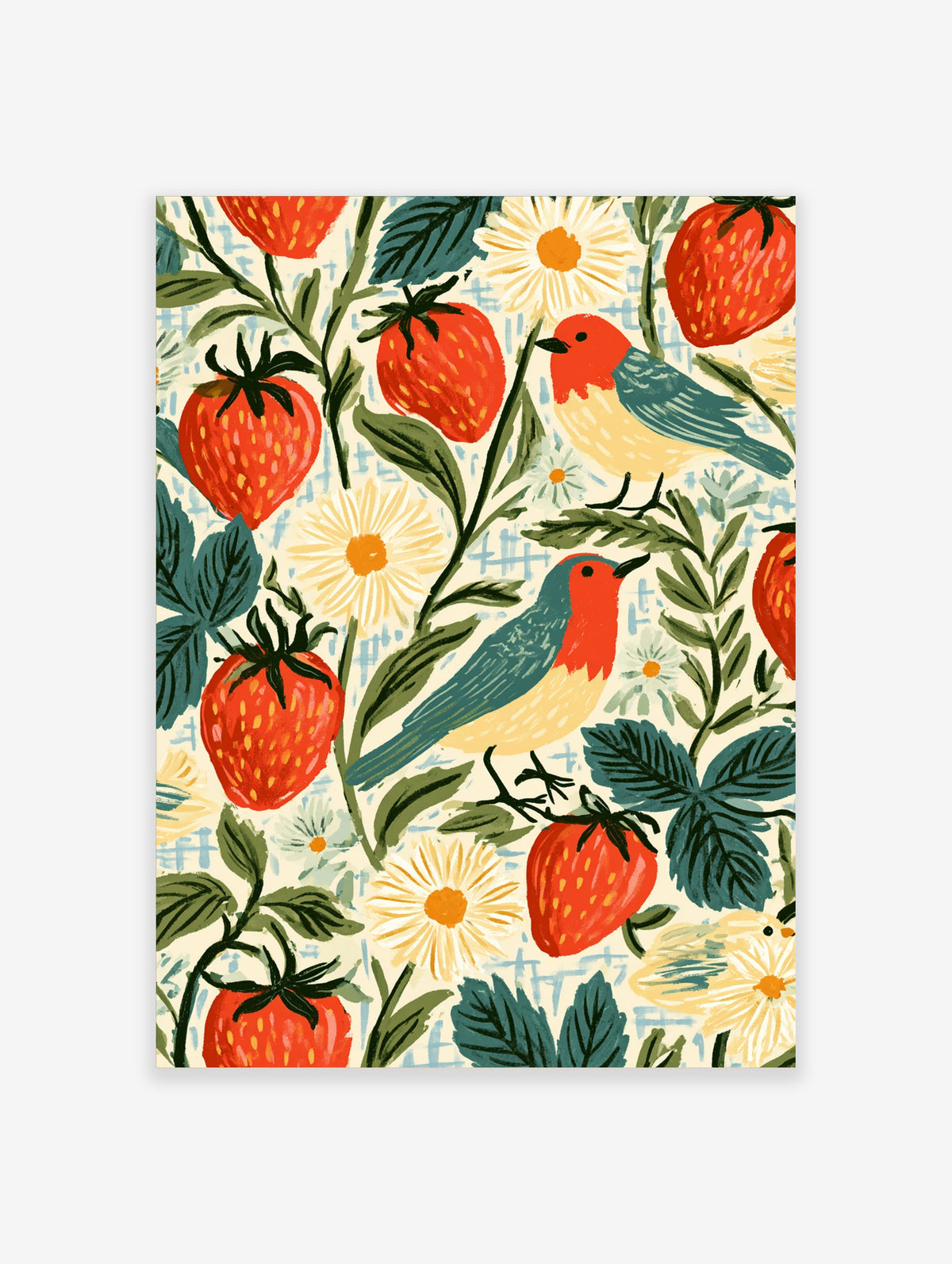 Strawberry and bird art print with red fruit, cream daisies, and blue leaves on a crosshatch background