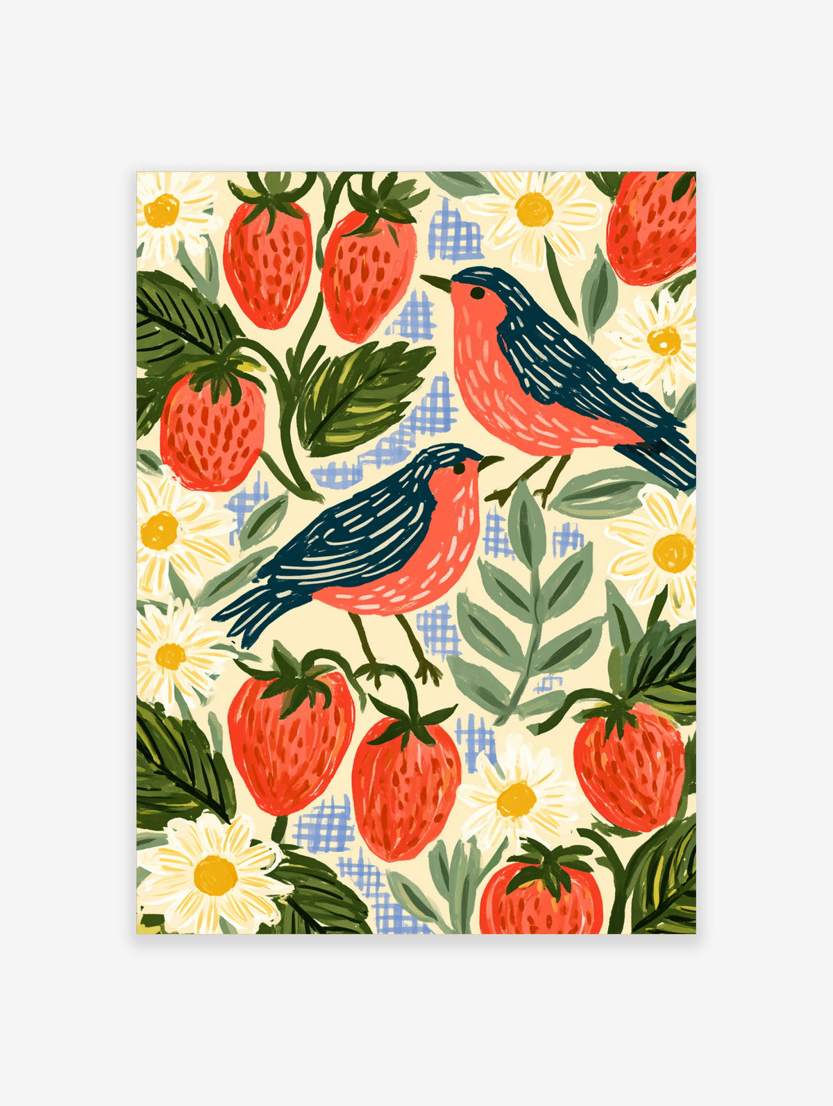 Colourful strawberry and robin art print with red berries, white daisies, and blue grid marks on cream