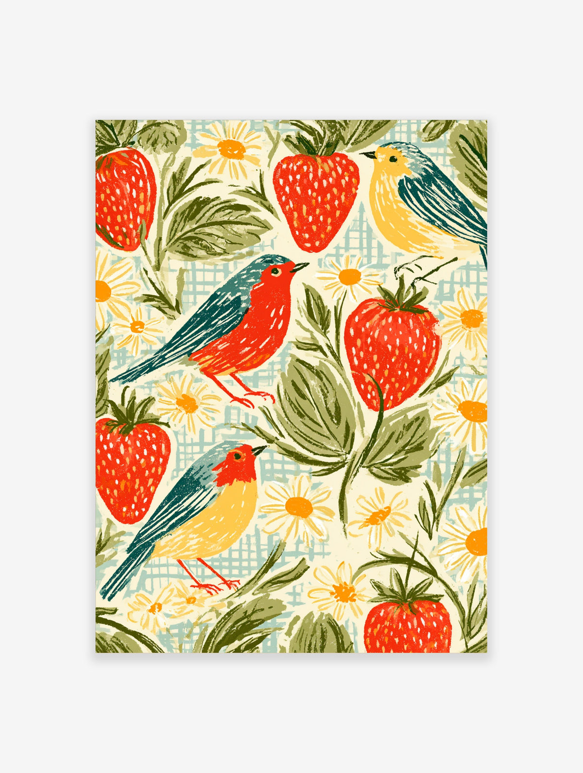 Strawberry and bird art print with red berries, yellow daisies, and blue and yellow birds on a pale blue grid background
