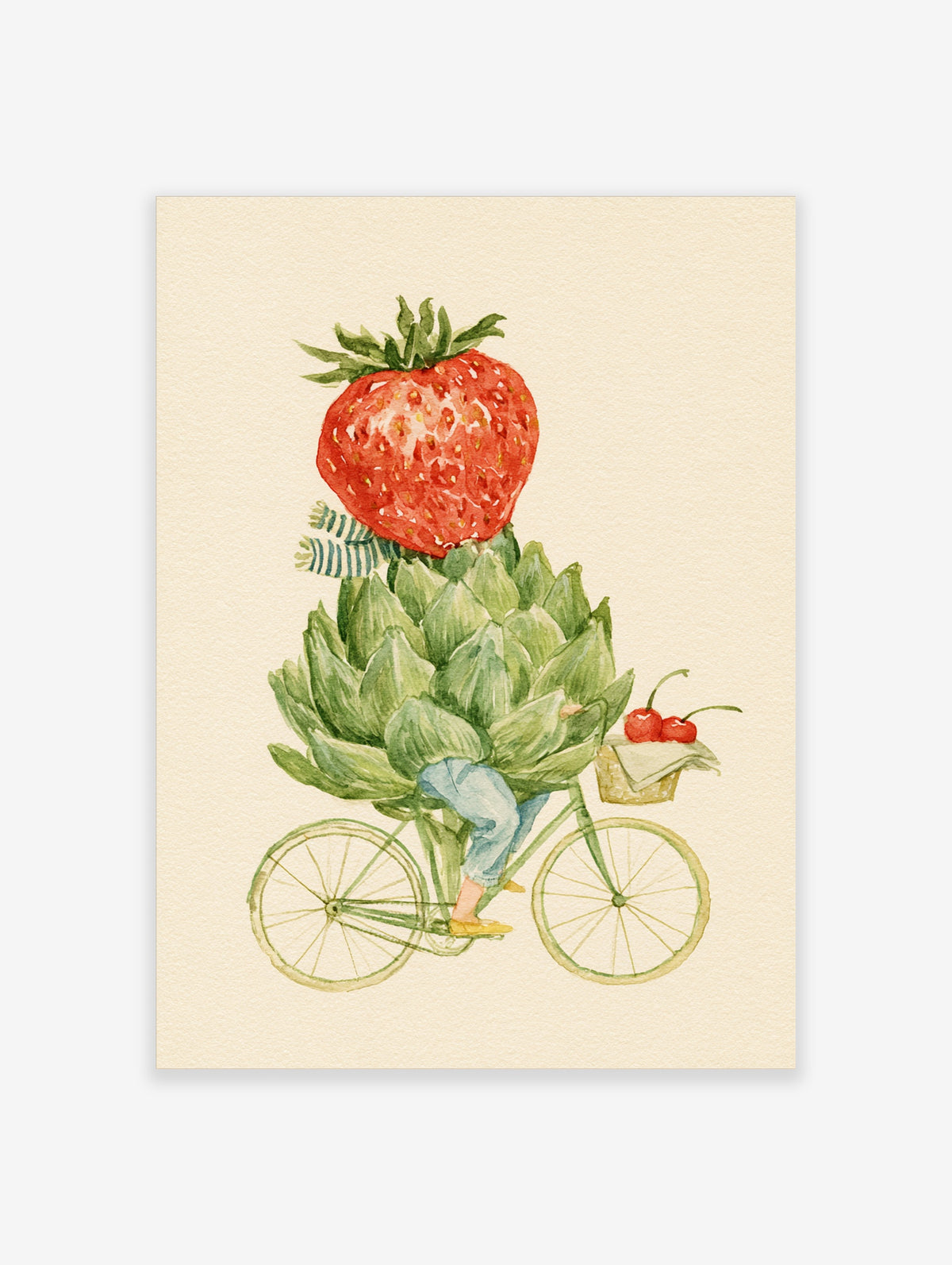 Watercolour poster of a cyclist with a strawberry head and artichoke body on a green bicycle with cherries