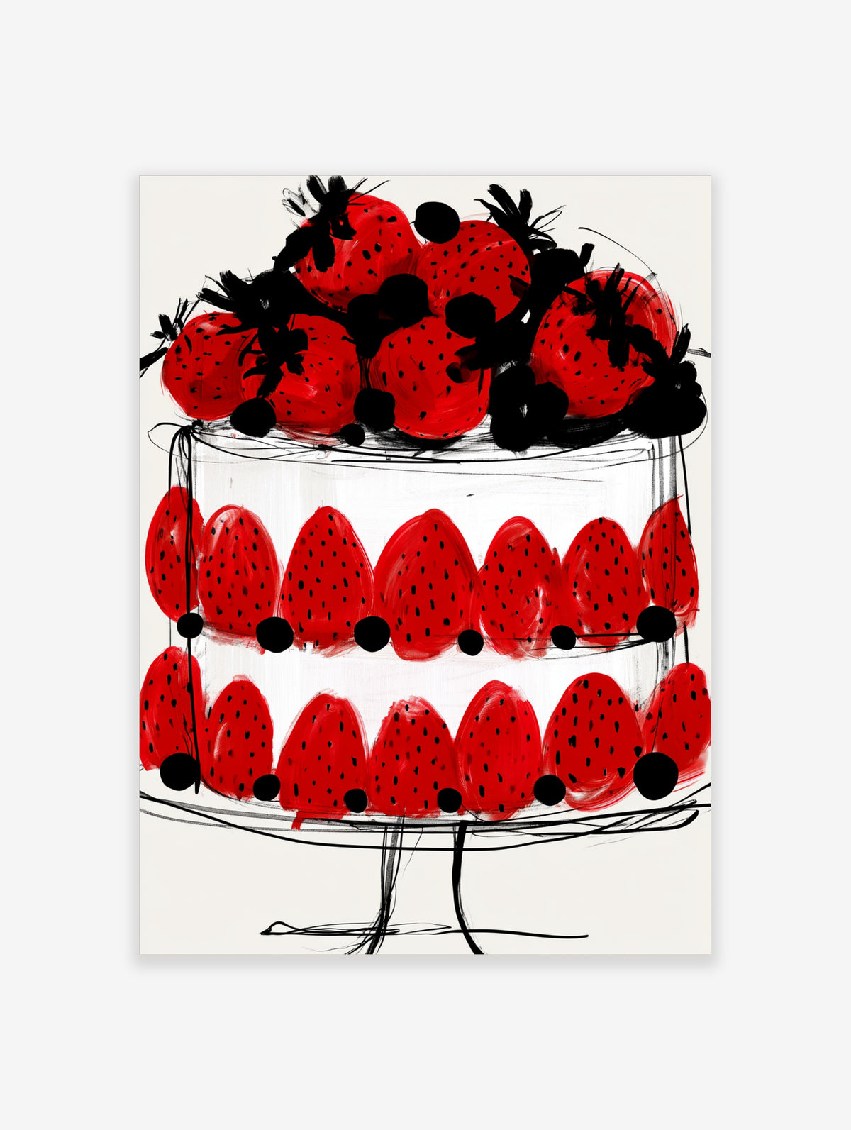 Red strawberry cake poster with two tiers, black seeds, and white background