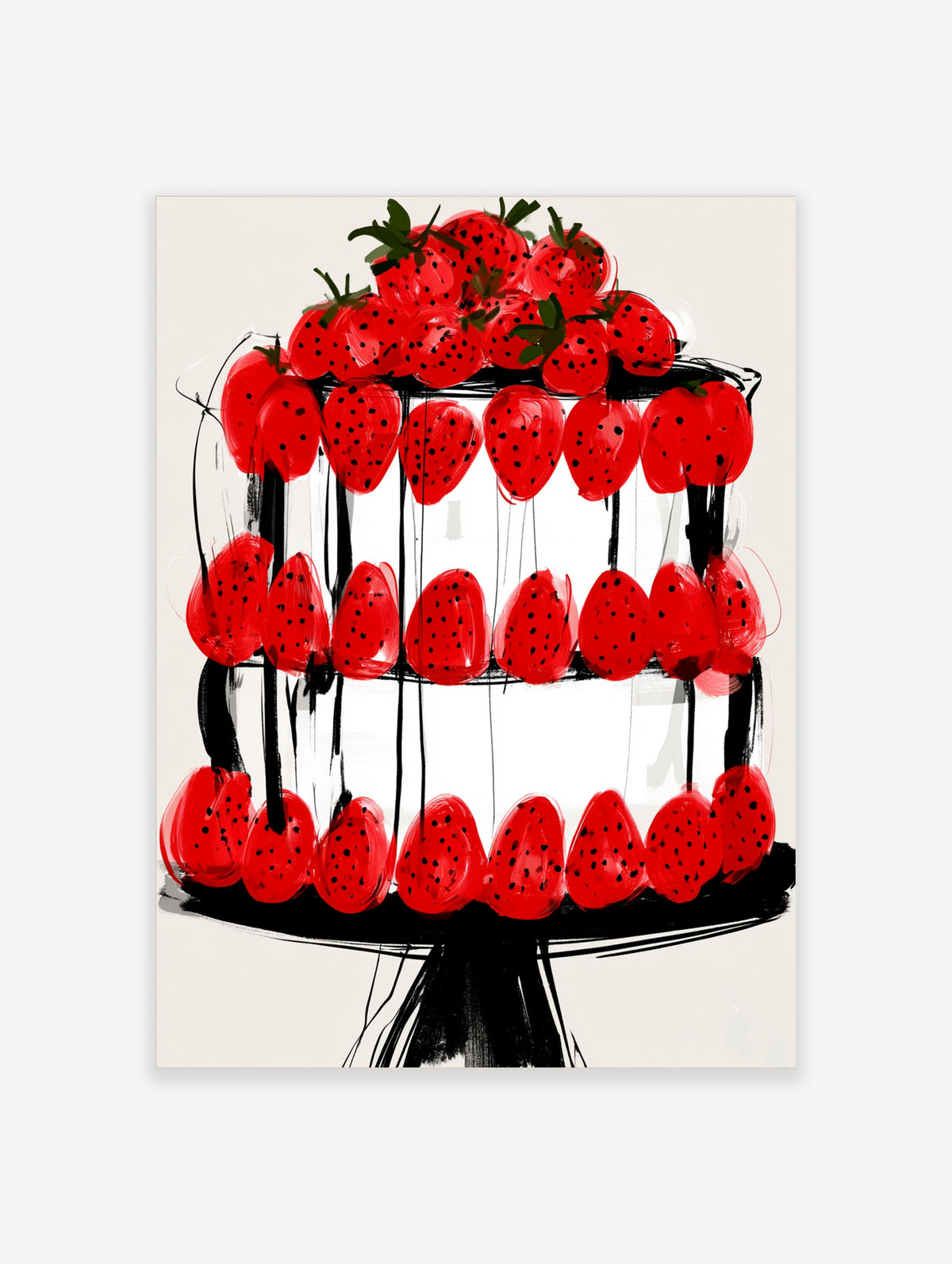 Red strawberry cake illustration with black linework and green leaves on white background