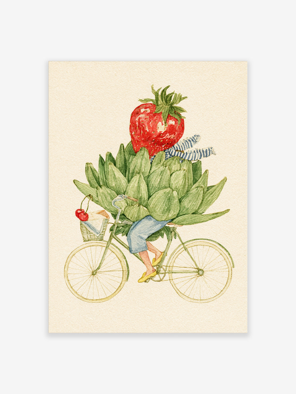 Watercolour cyclist balancing giant strawberry and artichokes on a green bicycle