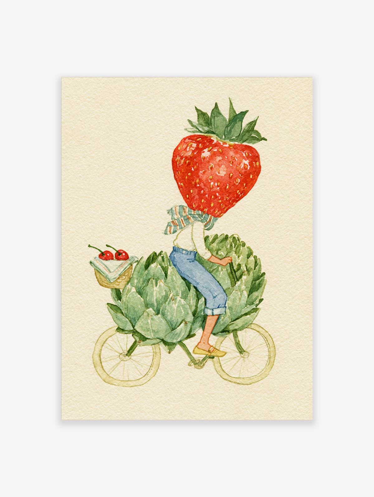 Whimsical watercolour art print of a cyclist with a strawberry head riding an artichoke bicycle with cherries