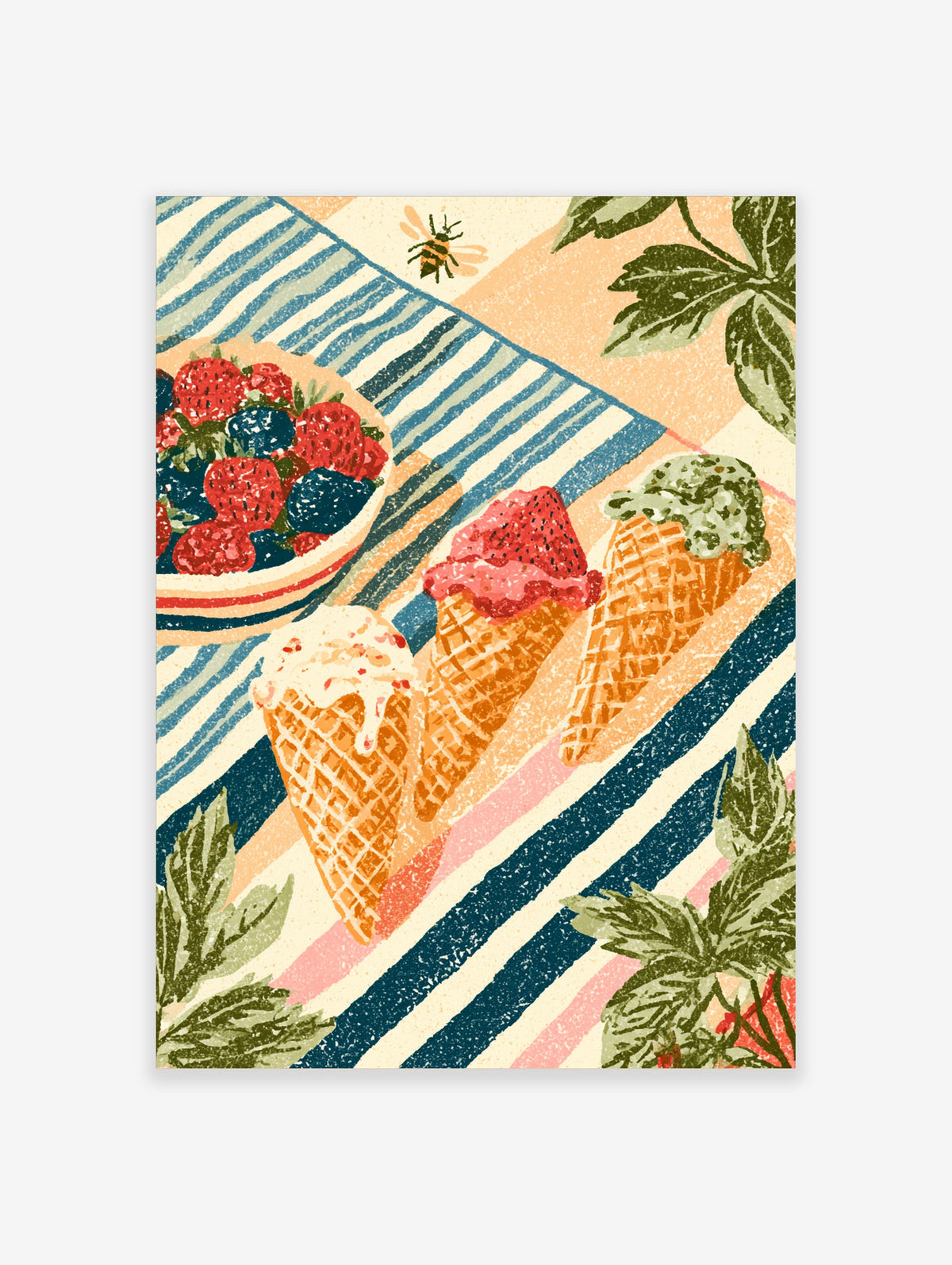 Retro strawberry ice cream poster with three waffle cones, berries, and blue stripes