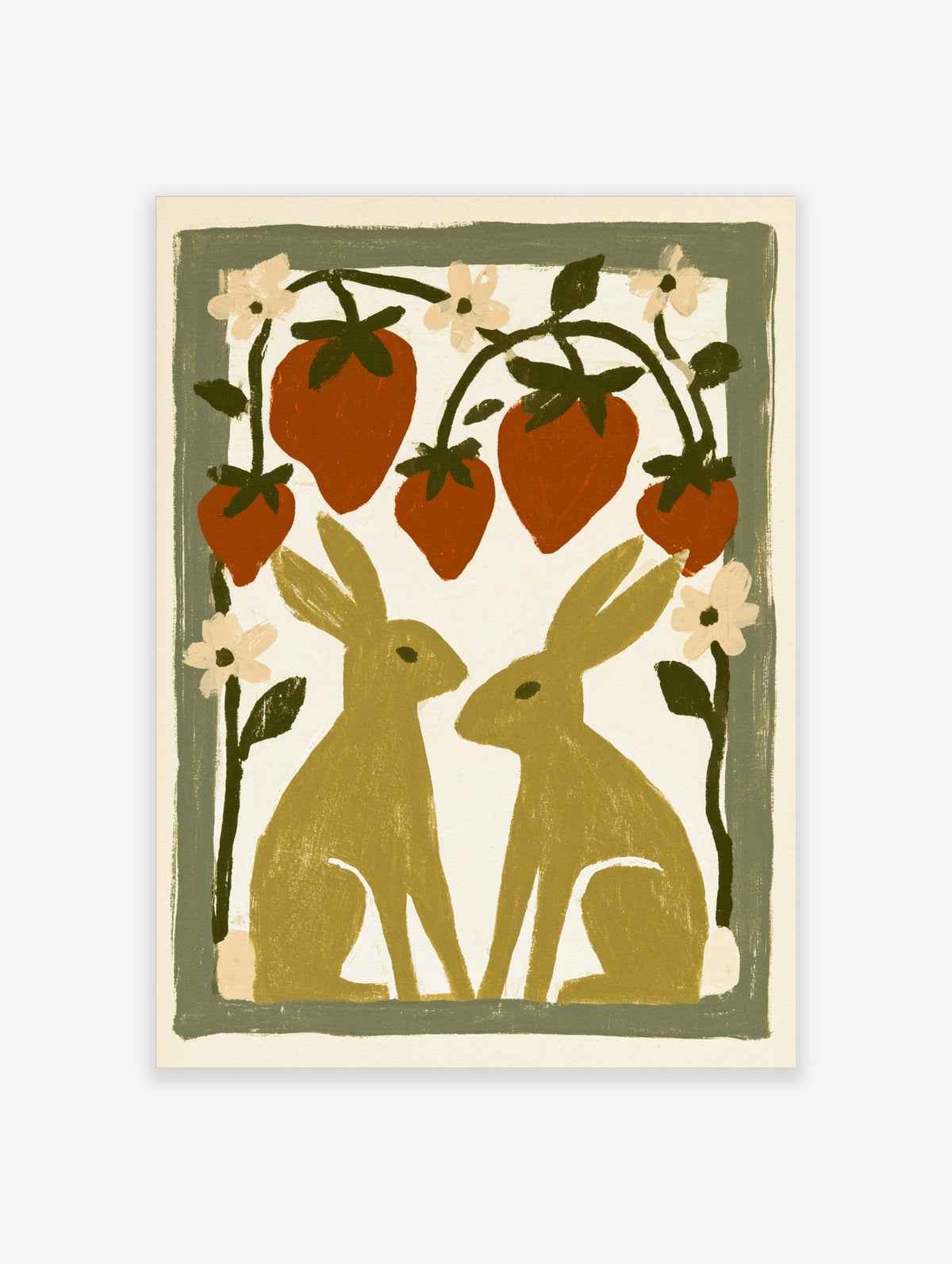 Two rabbits facing each other under red strawberries and cream flowers, folk-art style poster