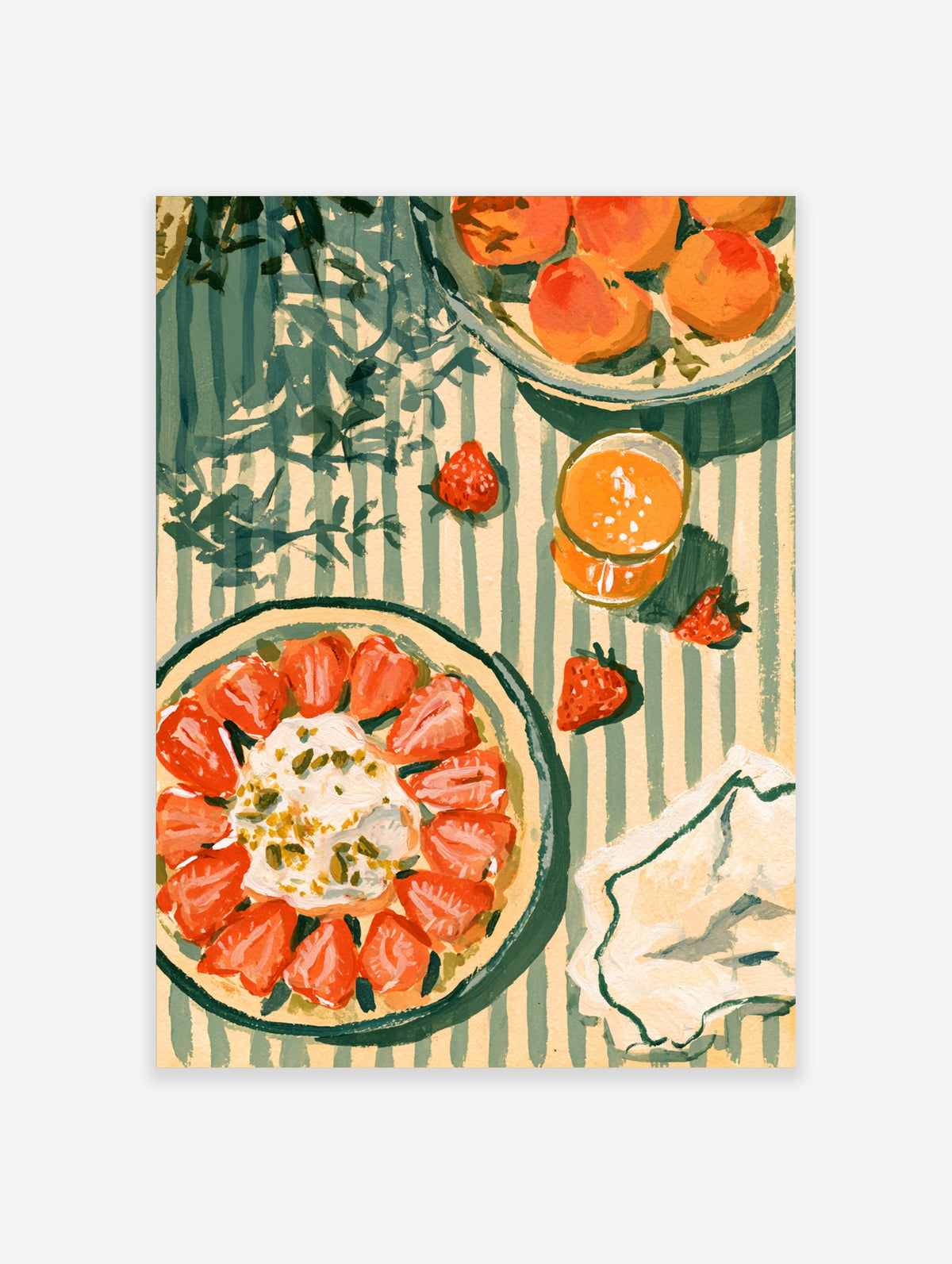 Flat lay illustration of strawberries, ricotta, peaches and orange juice on a green striped tablecloth