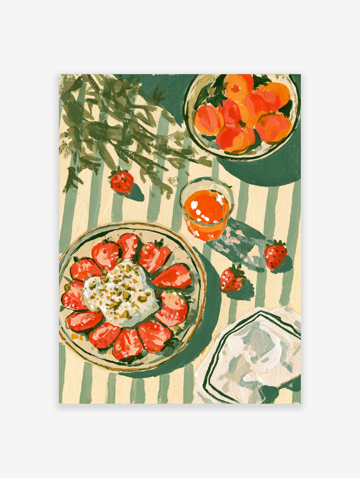 Painted flat lay of strawberry slices, ricotta, orange juice and apricots on green striped cloth