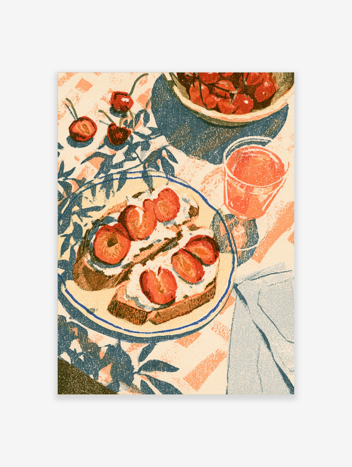 Strawberry toast and cherry still life art print with juice glass and blue leaves