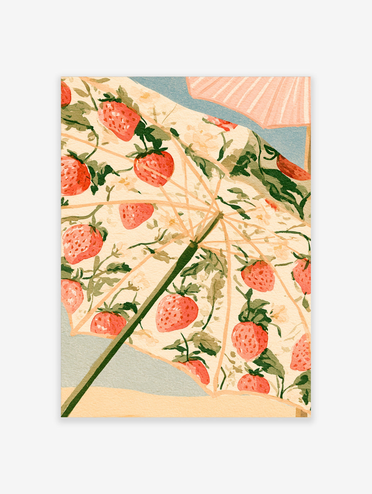 Strawberry umbrella art print with red fruit and green leaves on a cream canopy
