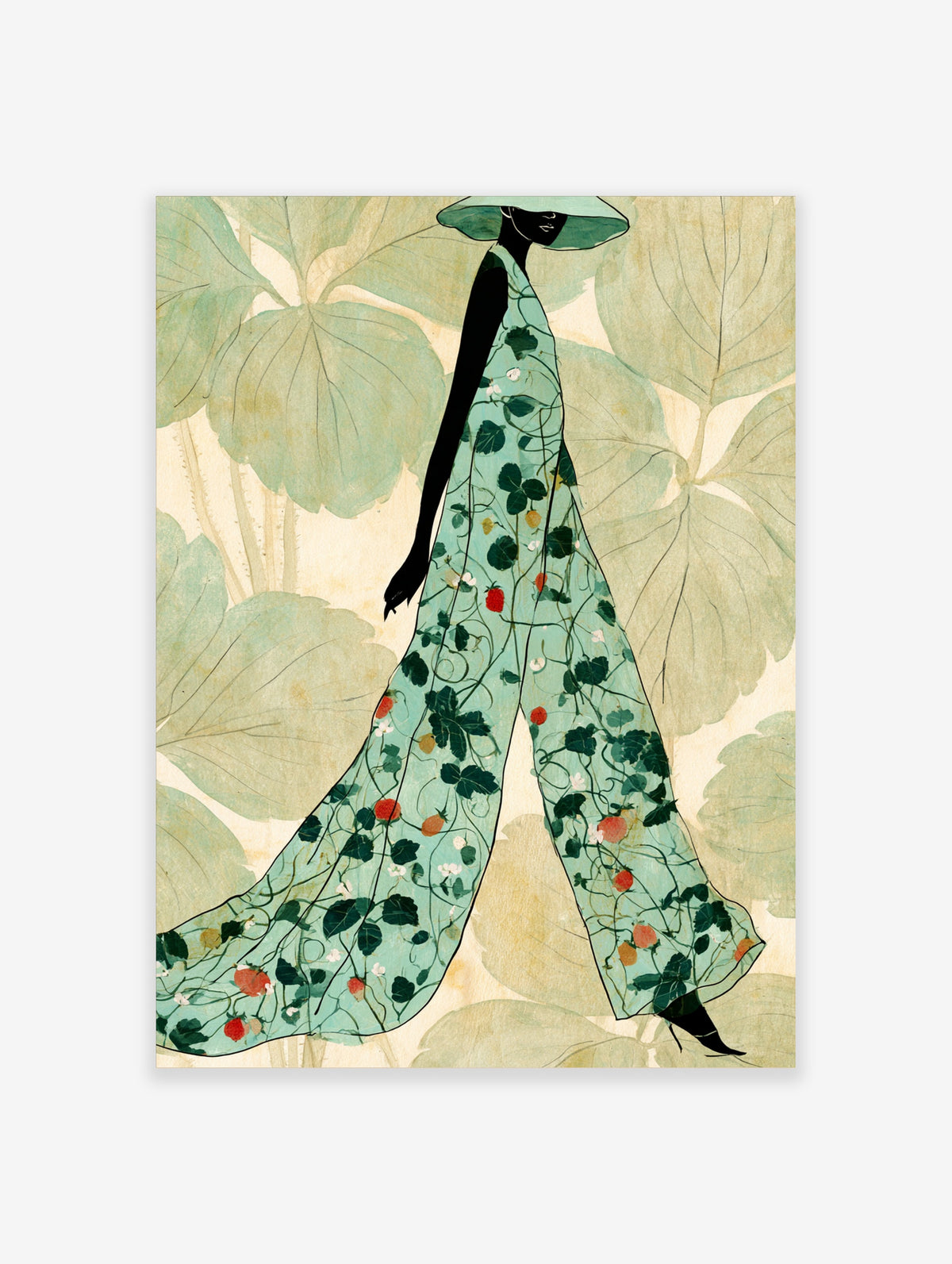Illustrated poster of a figure in a strawberry vine jumpsuit and wide-brimmed hat against large pale green leaves
