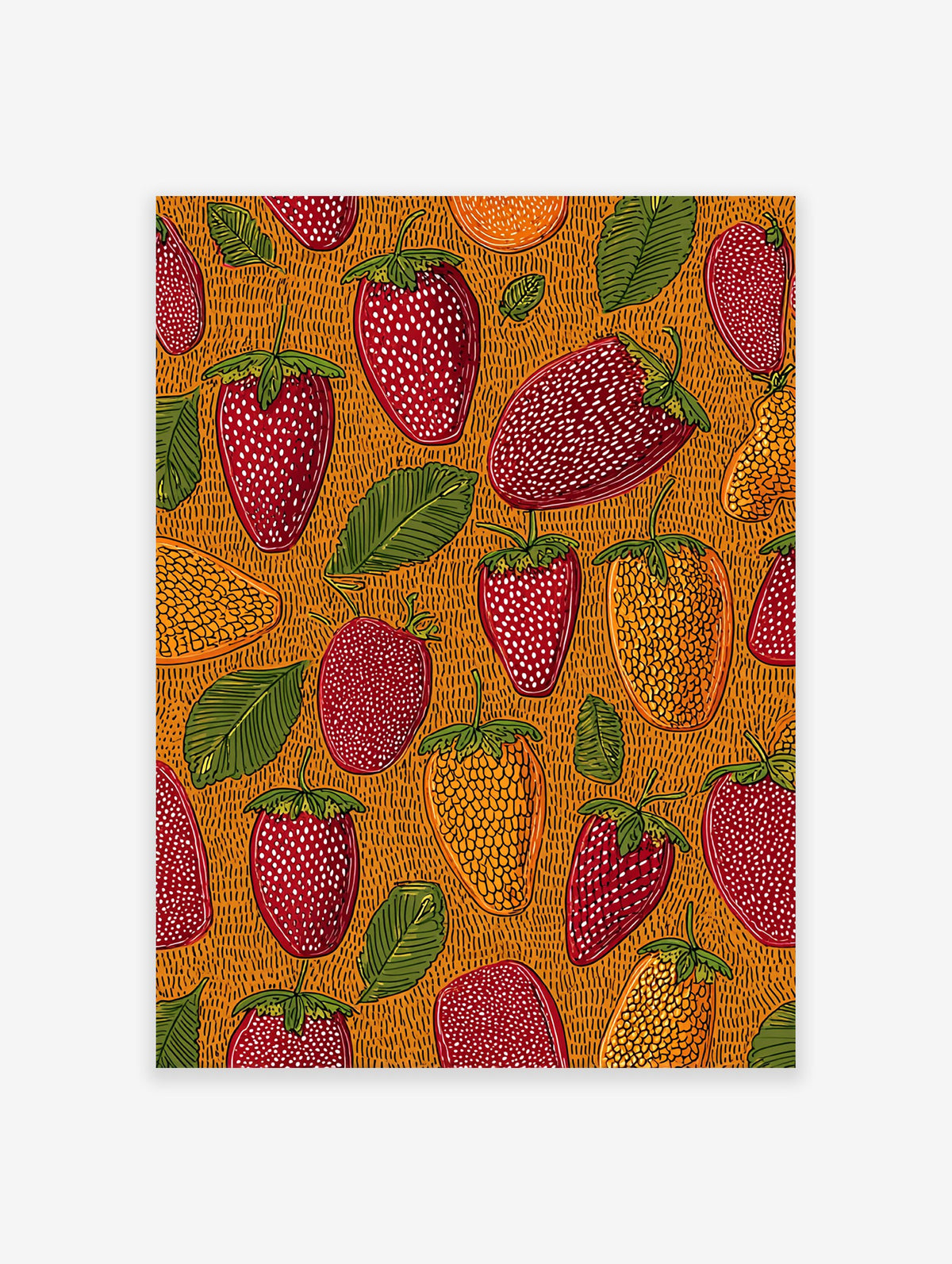 Illustrative strawberry wall art pattern with red and golden strawberries, green leaves on a textured orange background