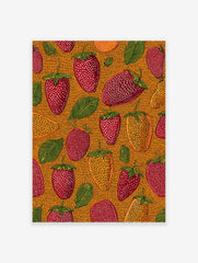 Illustrative strawberry wall art pattern with red and golden strawberries, green leaves on a textured orange background