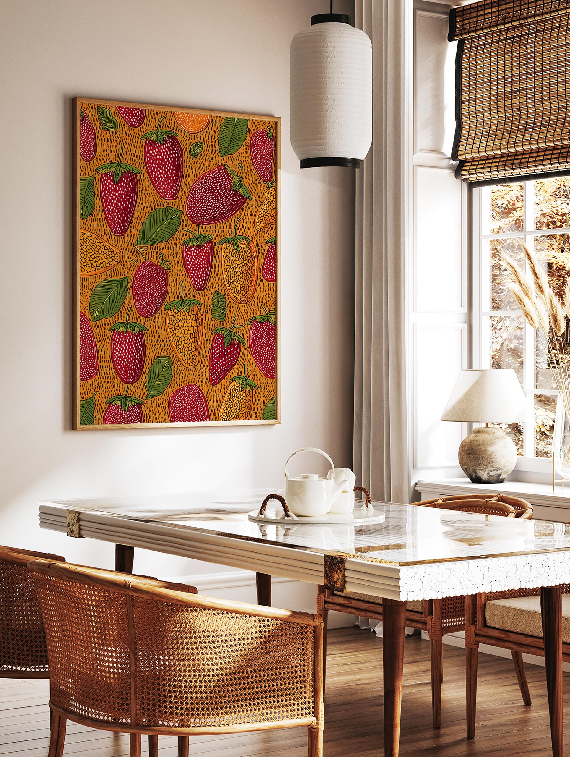 Illustrative strawberry wall art pattern with red and golden strawberries, green leaves on a textured orange background - Image 2
