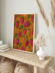 Illustrative strawberry wall art pattern with red and golden strawberries, green leaves on a textured orange background - Image 3