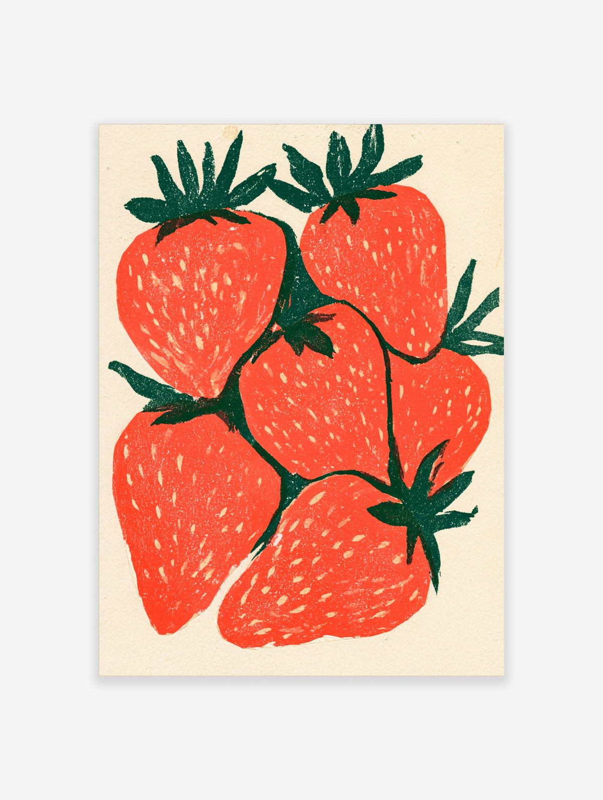 Red strawberry fruit illustration art print with green leaves on pale background