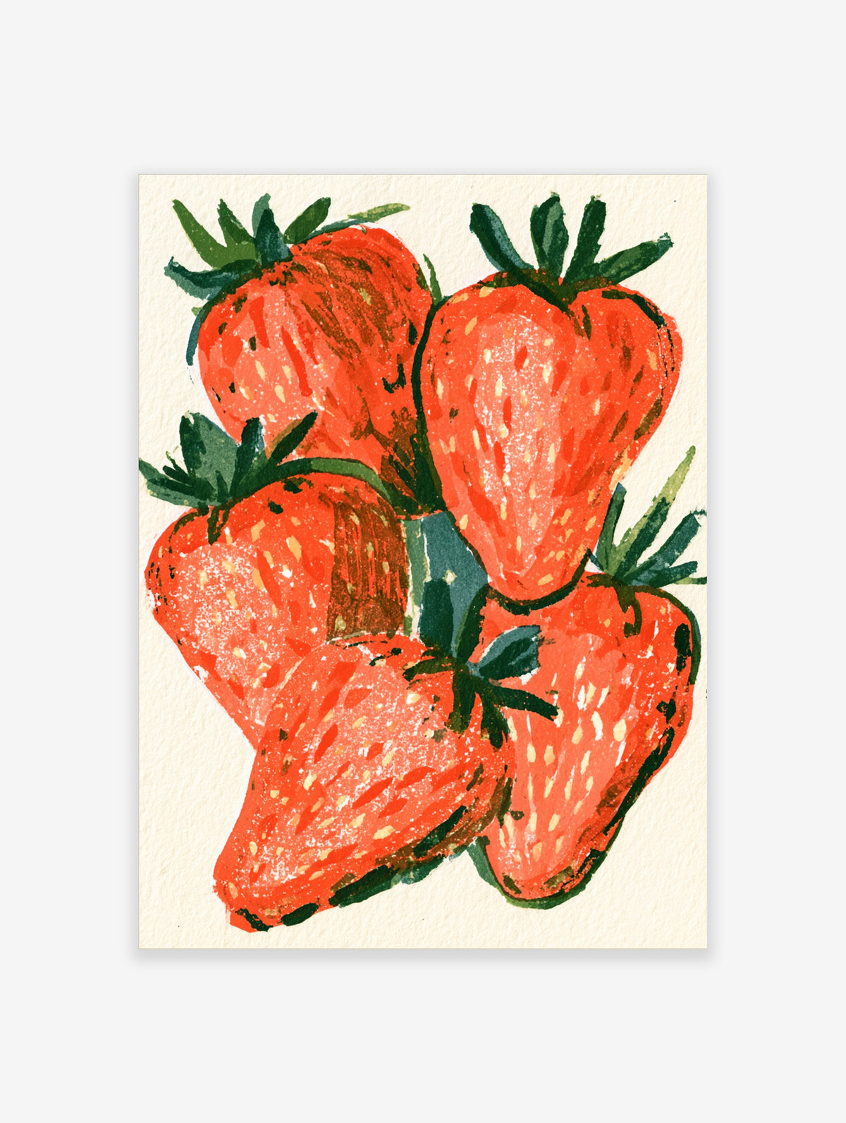 Red strawberry wall art print with four painted berries and green leafy tops on cream background