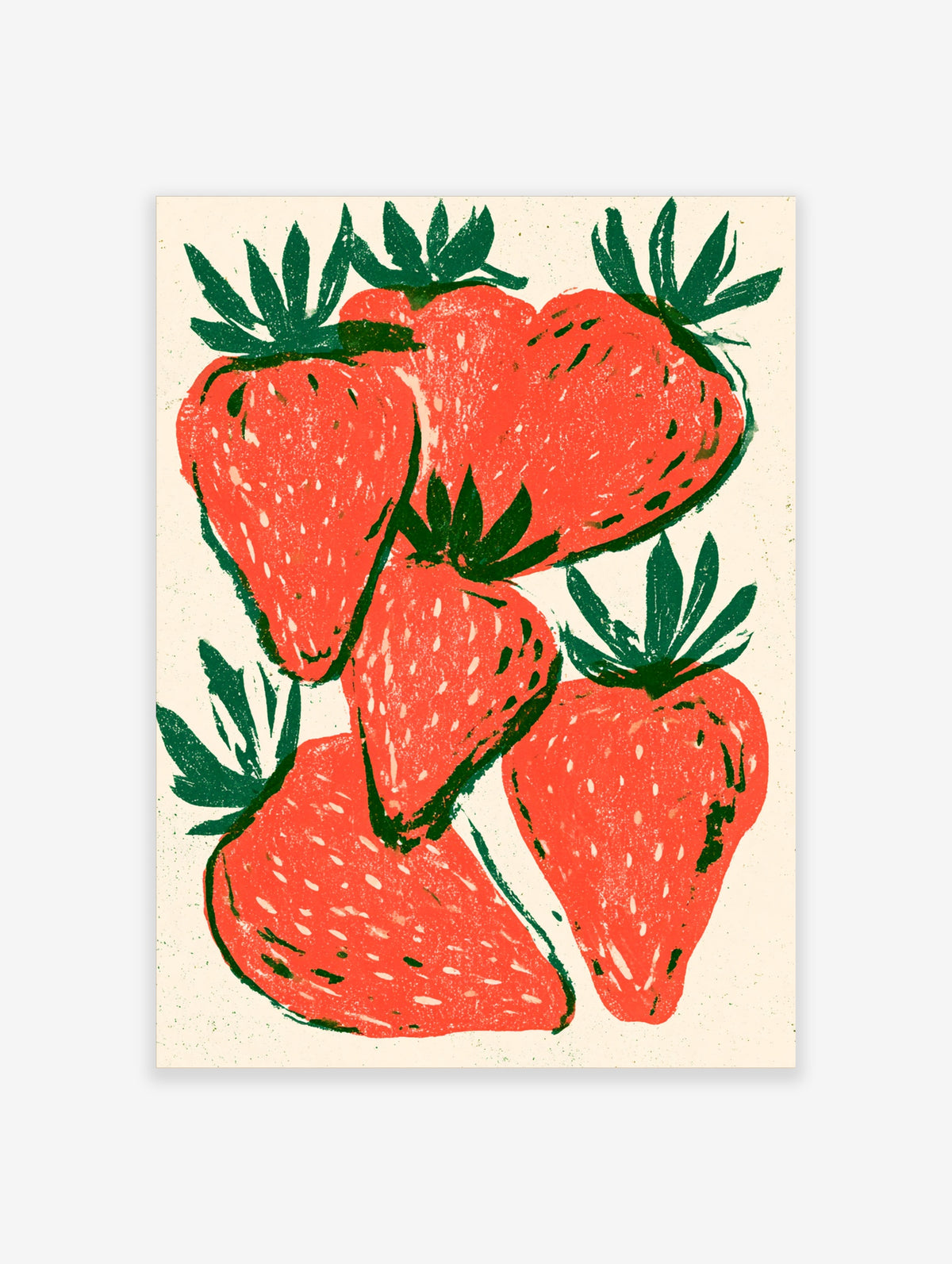 Red strawberries with green leaves and white seeds on a cream background, retro screen-print style