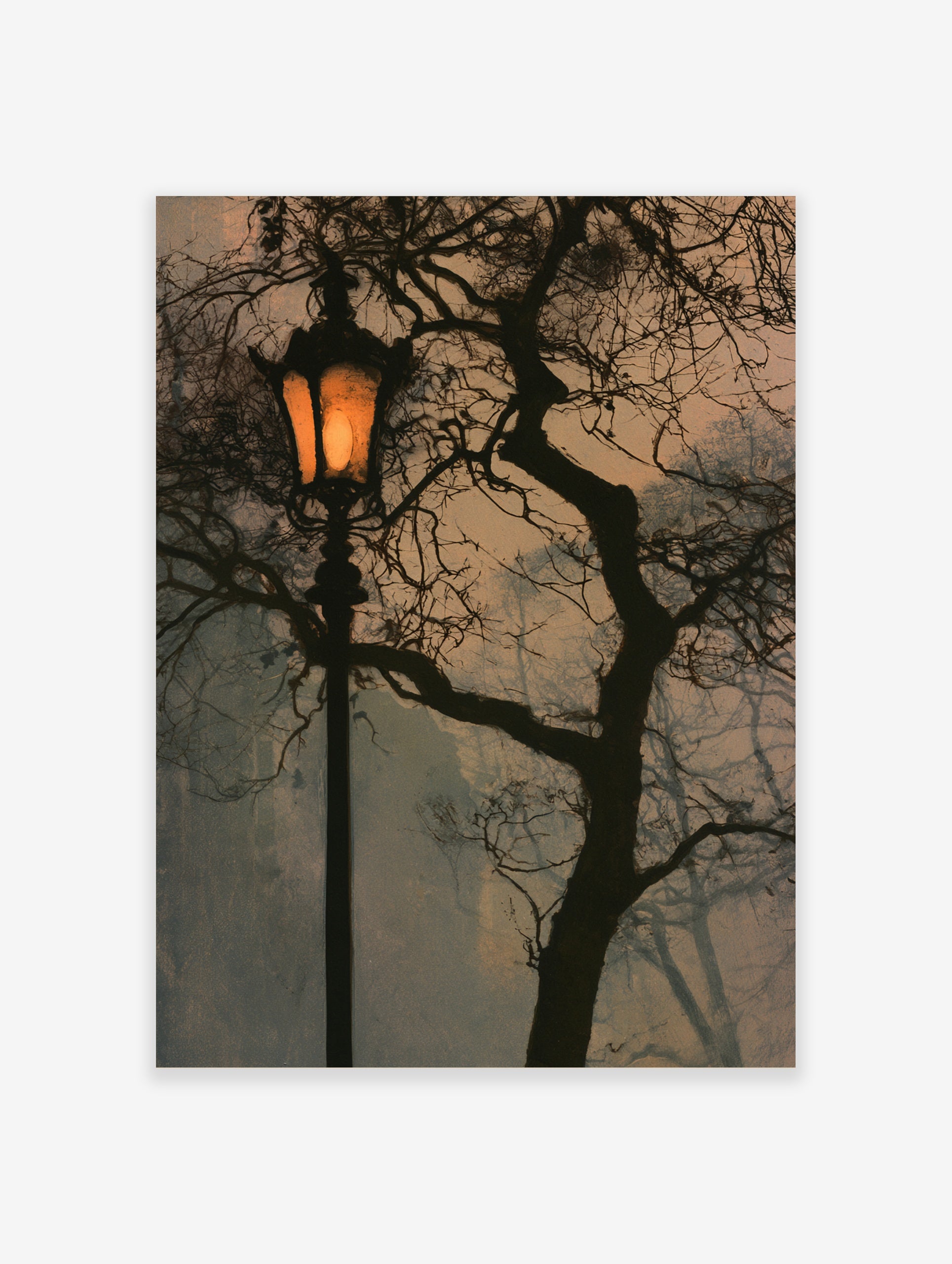 Street lamp at night with glowing light and dark tree branches against a muted sky