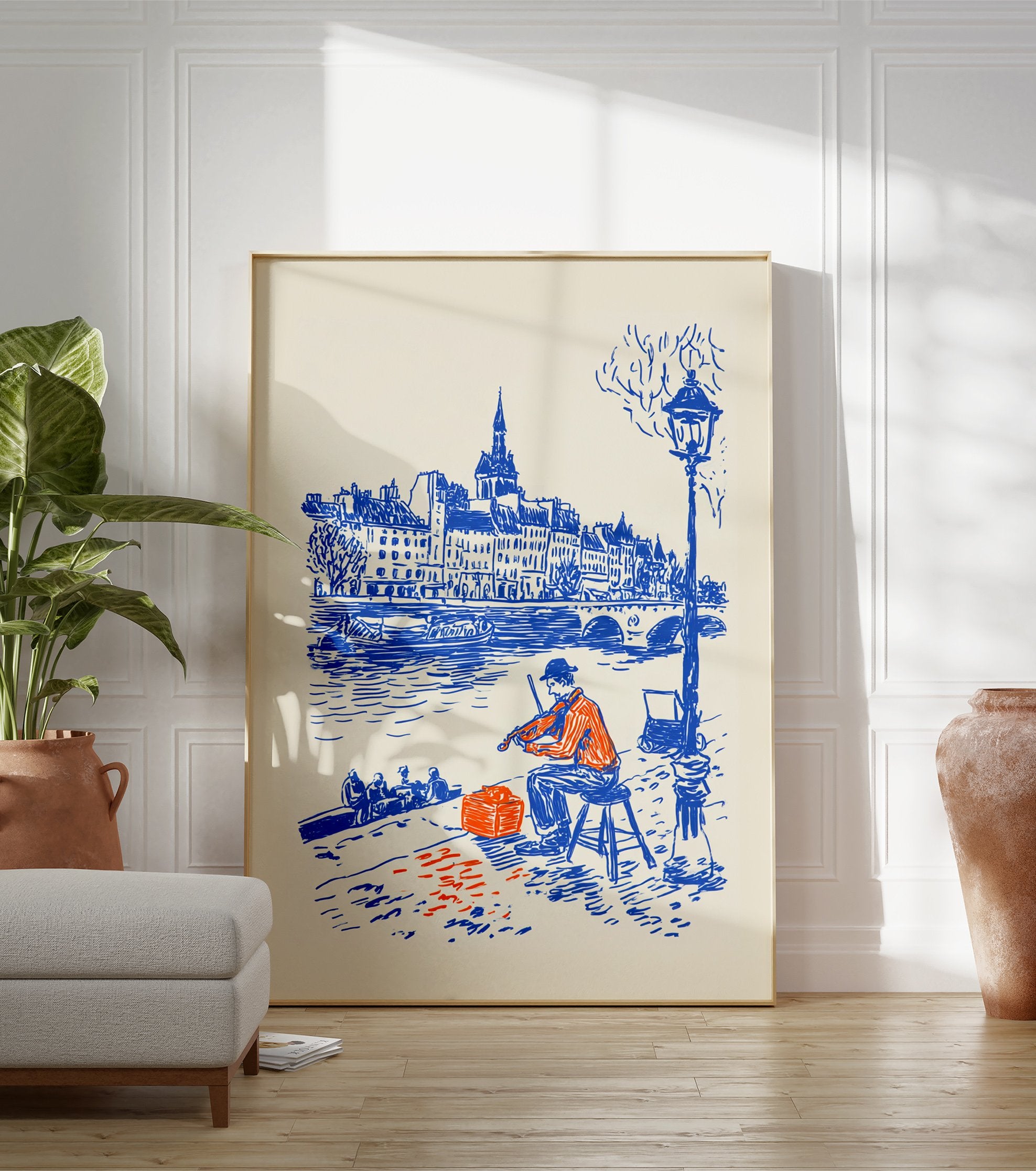 Street musician poster of a man playing violin by a river in a blue and orange illustration of a city. - Image 3