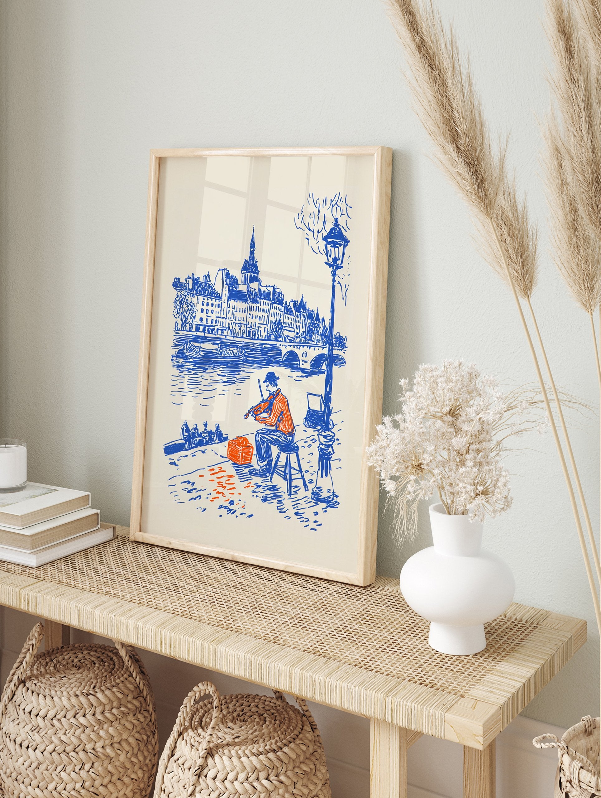 Street musician poster of a man playing violin by a river in a blue and orange illustration of a city. - Image 4