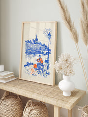 Street musician poster of a man playing violin by a river in a blue and orange illustration of a city. - Image 4