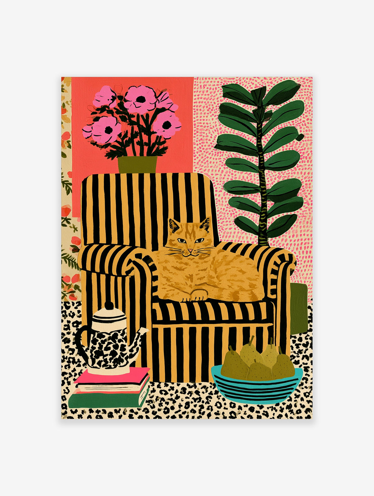 Orange tabby cat on a black and yellow striped armchair with pink flowers and a rubber plant