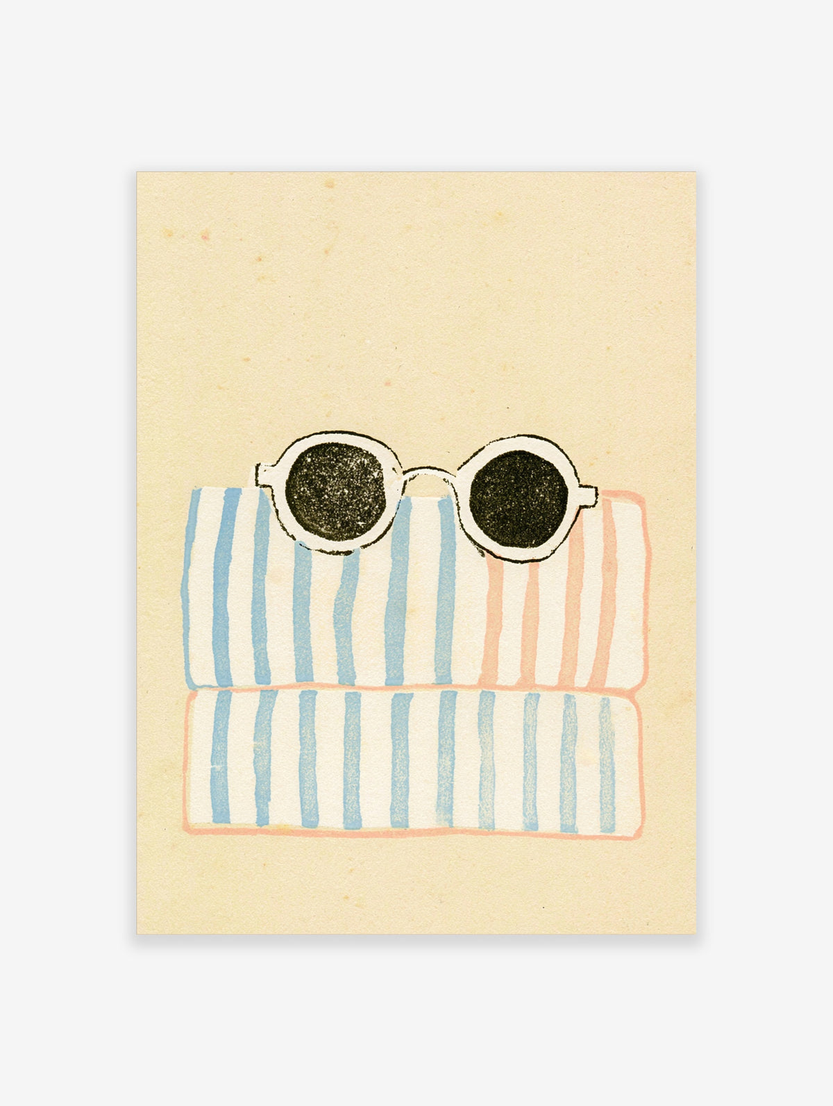 Striped beach towel poster with round black sunglasses on blue and pink stripes
