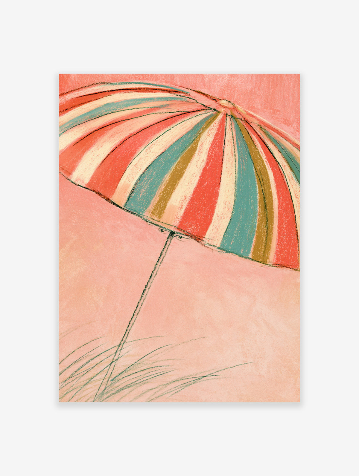 Striped beach umbrella wall art with pink, teal, and cream panels on a peach background