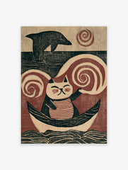 Illustrative art print of a striped cat sitting in a boat with a dolphin and swirling wind, in red, black, and cream