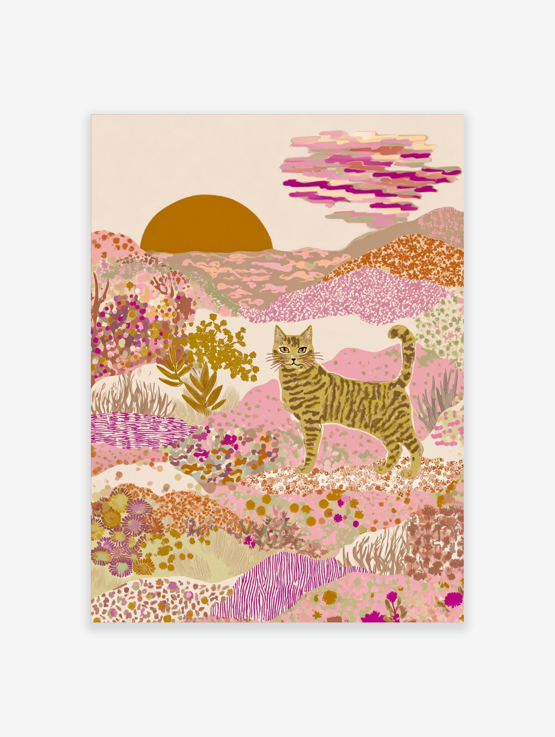 Illustrative striped cat in a pink and gold desert landscape with patterned hills and a setting sun