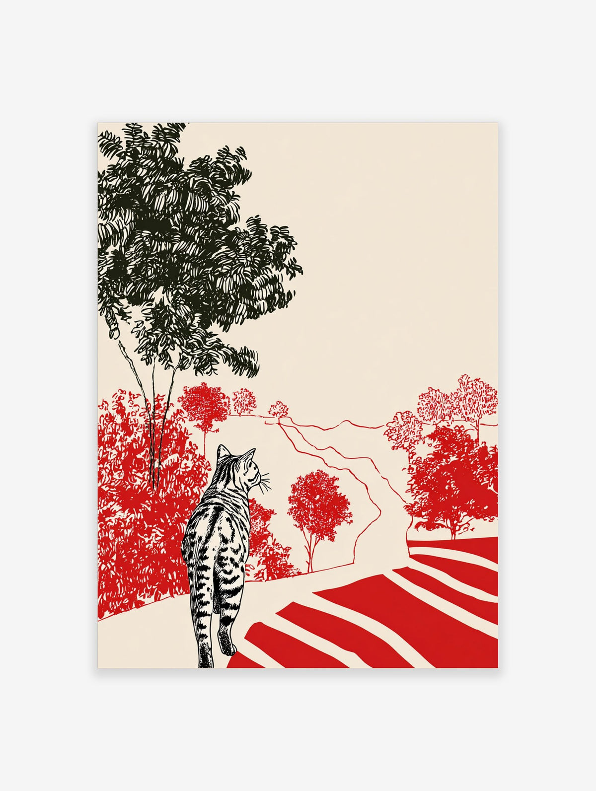 Striped tabby cat walking on a red-striped path through red bushes and green trees, illustrative art print