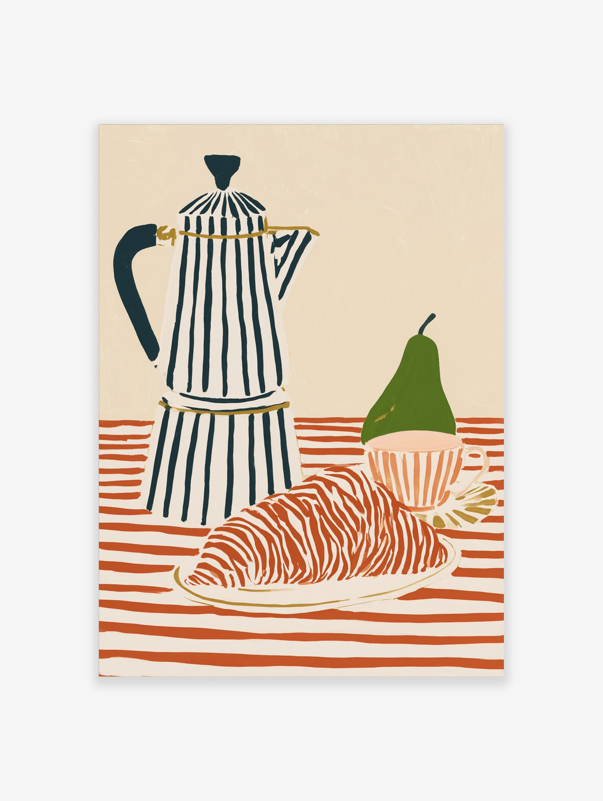 Striped coffee pot and pear with croissant and teacup on red striped table art print
