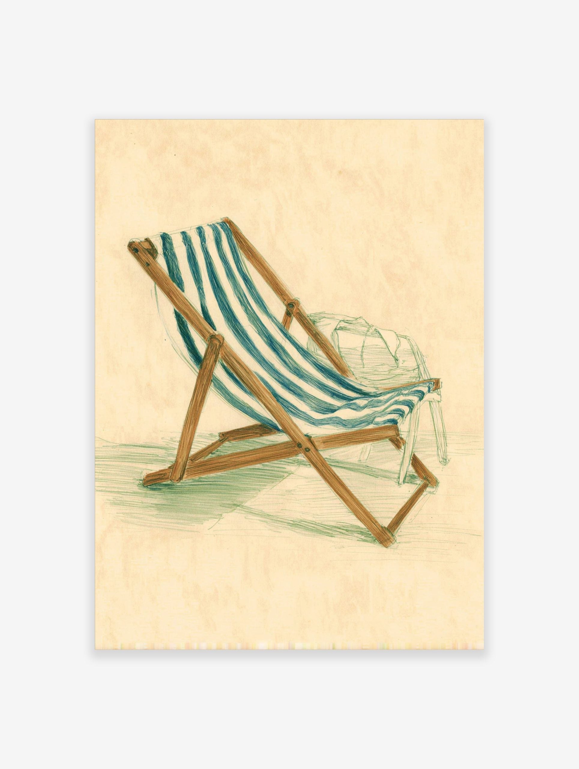Illustrative sketch of a blue and white striped deck chair with a wooden frame on a light background
