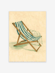 Illustrative sketch of a blue and white striped deck chair with a wooden frame on a light background