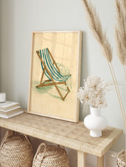 Illustrative sketch of a blue and white striped deck chair with a wooden frame on a light, in an alternate framed mockup